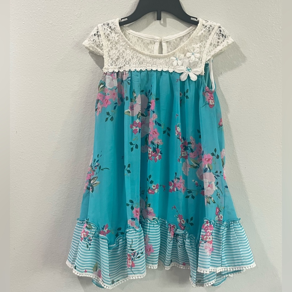 Chenault Blue and Pink Asymmetrical Ruffled Sundress